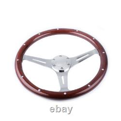15/380mm Matte Silver Steering Wheel Dark Stained Wood Grip with Rivets Brown
