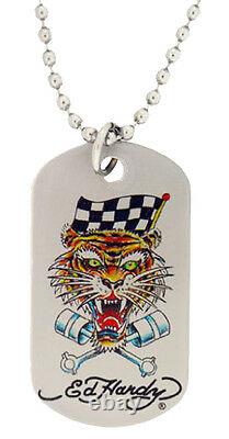 Ed Hardy Racing Tiger Stainless Steel Dog Tag Necklace